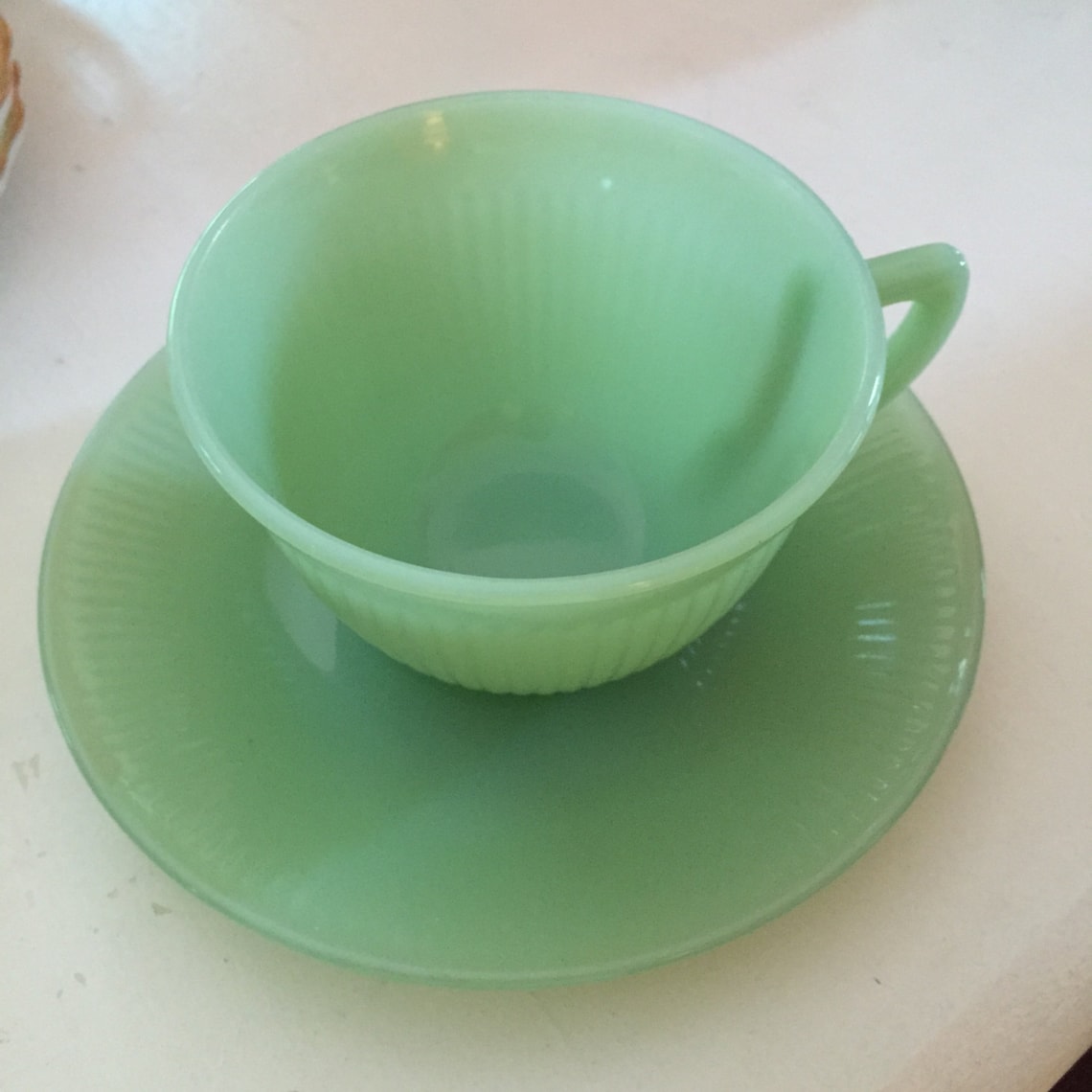1940 Jadeite Tea Cup and Saucer Vintage Green Milk Glass Fire Etsy