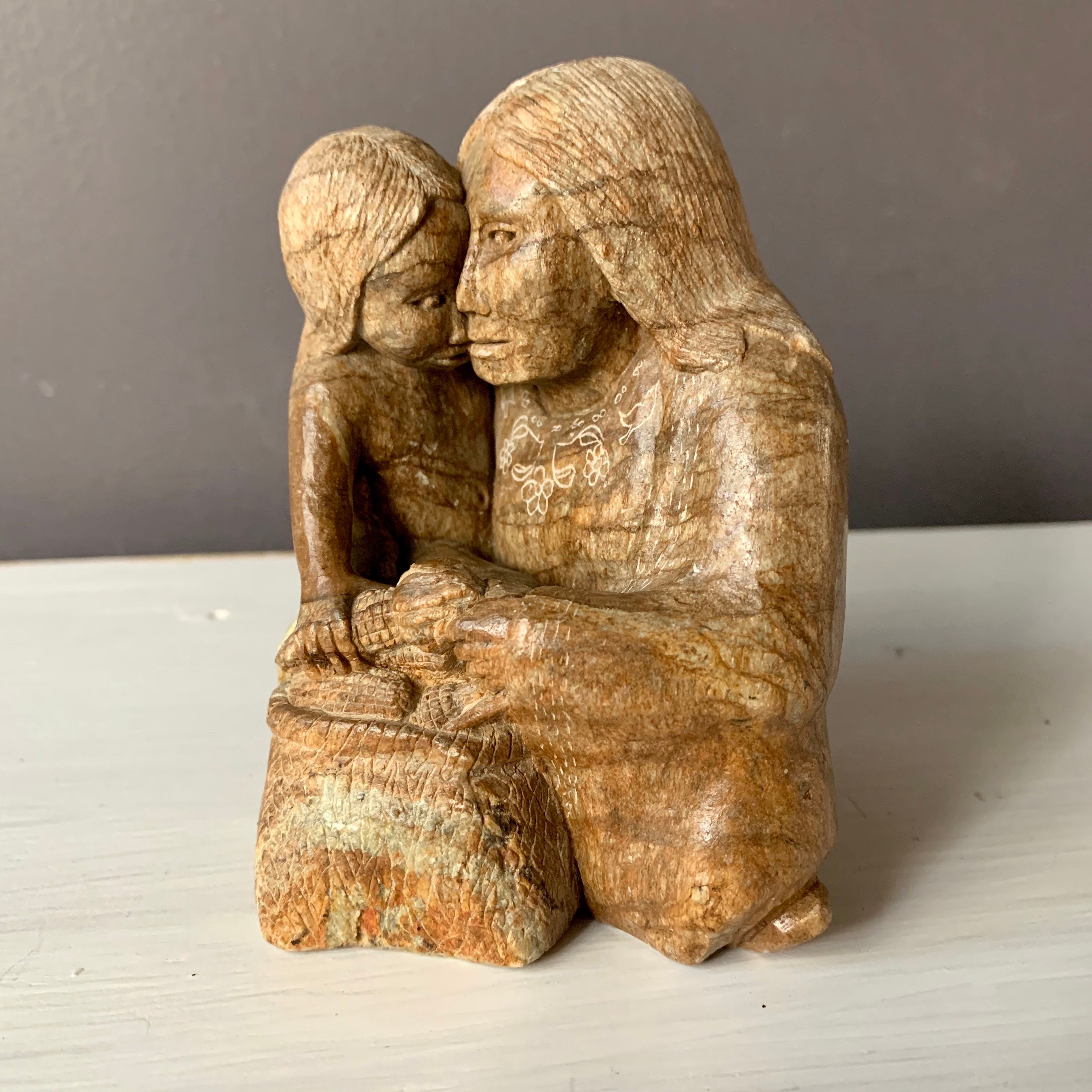 Native American Soapstone Sculpture: Mother and Child Signed EG