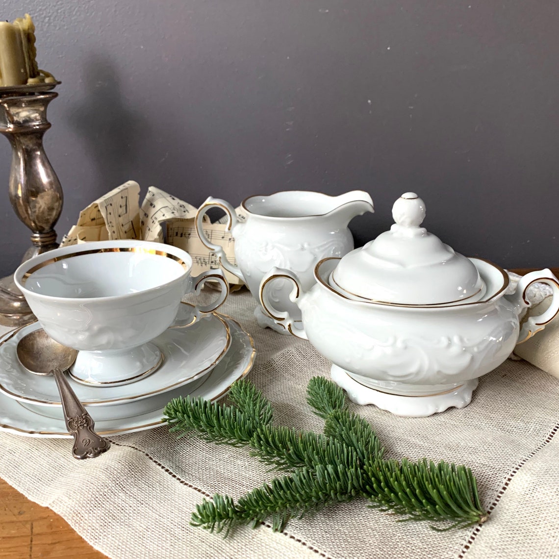 White and Gold Rim Tea Set Porcelain Trio Cup Saucer and Etsy
