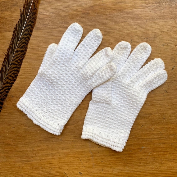 Vintage Crochet Gloves, White Cotton Knitted Glov… - image 1