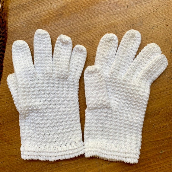 Vintage Crochet Gloves, White Cotton Knitted Glov… - image 6