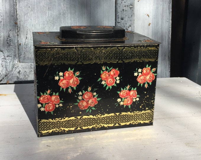 Vintage Dutch Toleware, Black Tin Box, Old Tin Tea Box, Decorative Floral Holland, Red Roses