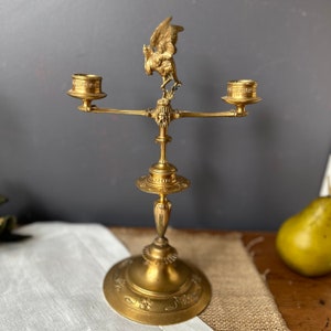 Antique French Gilded Bronze Candelabra: Art Nouveau Exotic Bird Decor, Signed Bouret