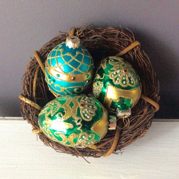 Mercury Glass Eggs Faberge Inspired Hand Blown Glass Ornaments Emerald Green Turquoise and Gold Embellishment Easter in Europe