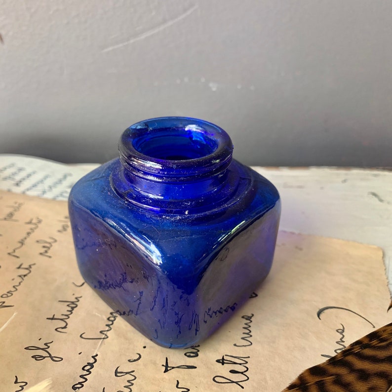Vintage Cobalt Blue Glass Inkwell Blue Ink Bottle Etsy