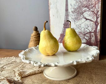White Porcelain Pedestal Cake Stand, Decorative Lace Edge, Footed Fruit Plate