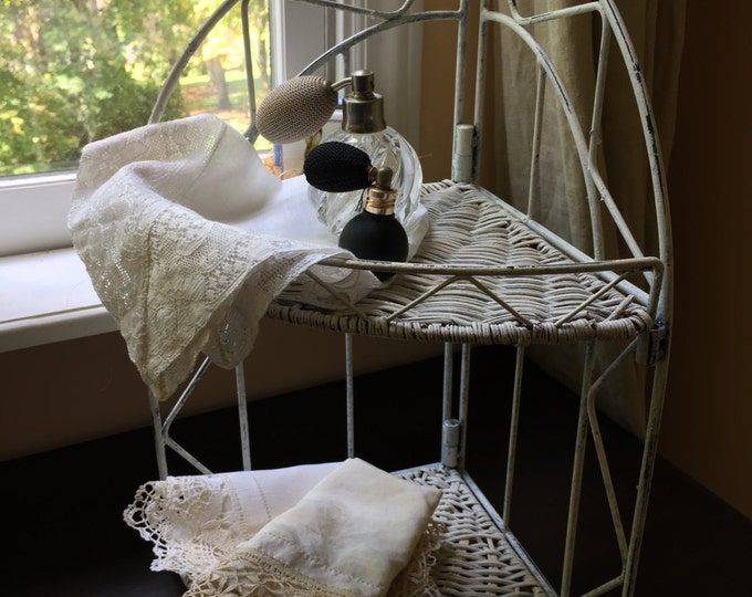 White Corner Shelf Wicker Vintage Table Top Standing 2 Tier Etsy