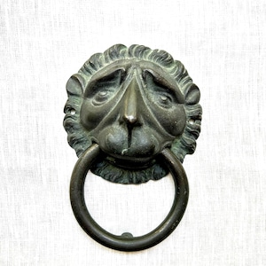 Antique Bronze Lion Head Door Knocker, Black Patina Metal Lion