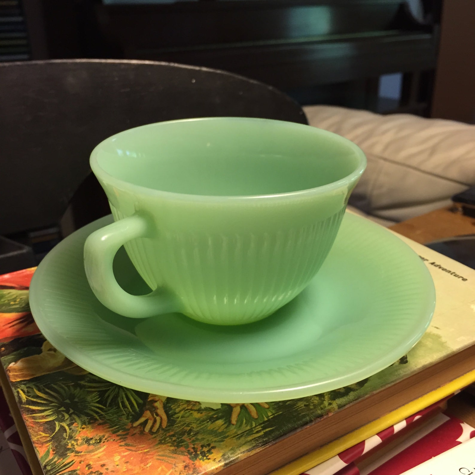 1940 Jadeite Tea Cup and Saucer Vintage Green Milk Glass Fire Etsy