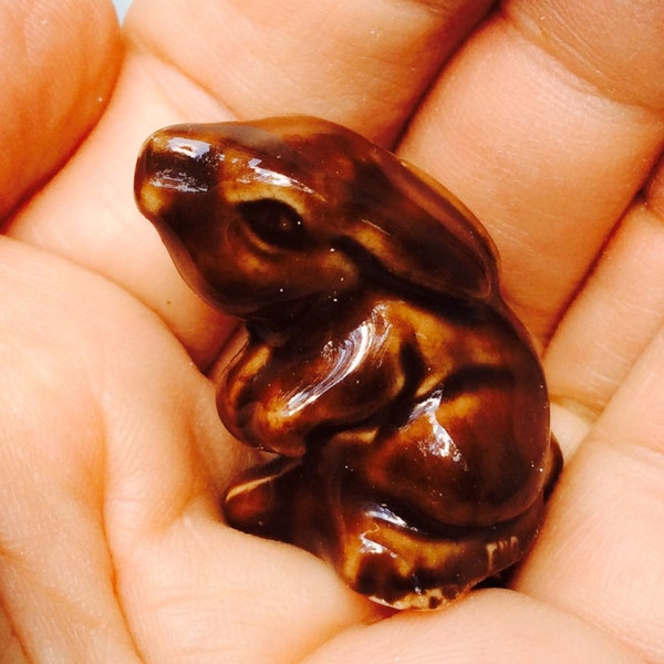 Miniature Rabbit Figurine Cute Little Ceramic Brown Bunny