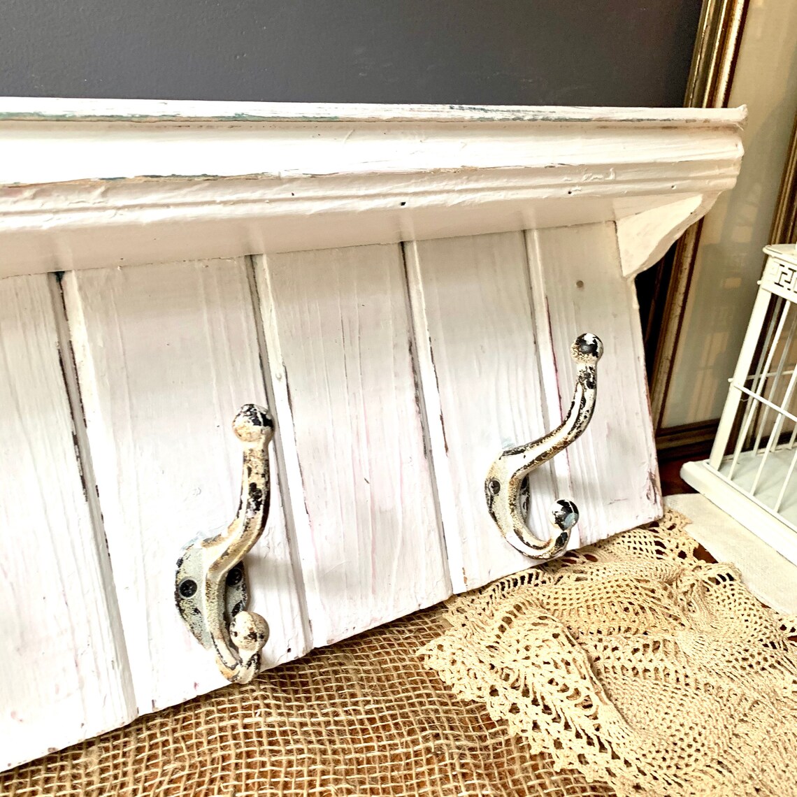 White Distressed Wooden Coat Rack Farmhouse Wood Shelf Etsy
