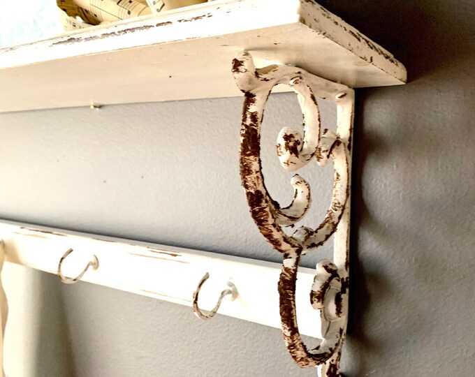 White Wall Shelf With Rusty Metal Brackets Shabby Chic Etsy