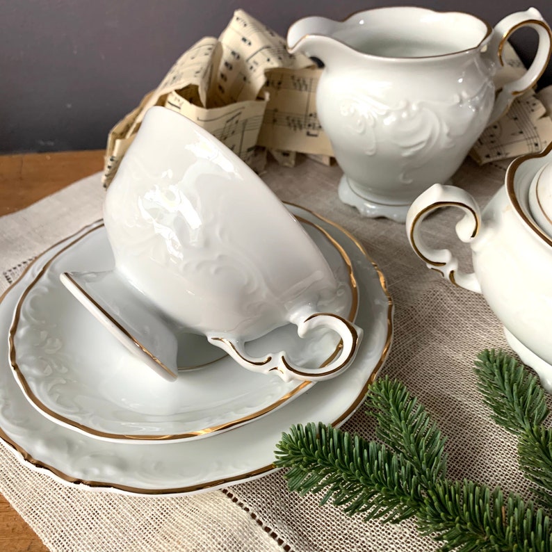 White and Gold Rim Tea Set Porcelain Trio Cup Saucer and Etsy