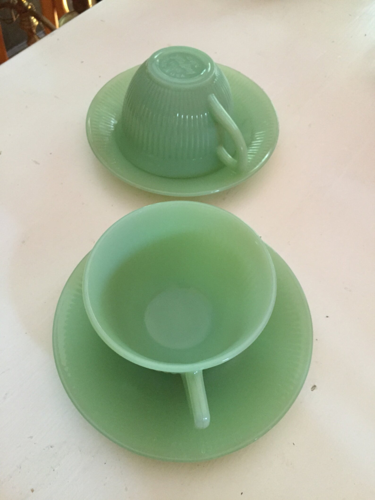 1940 Jadeite Tea Cup and Saucer Vintage Green Milk Glass Fire Etsy