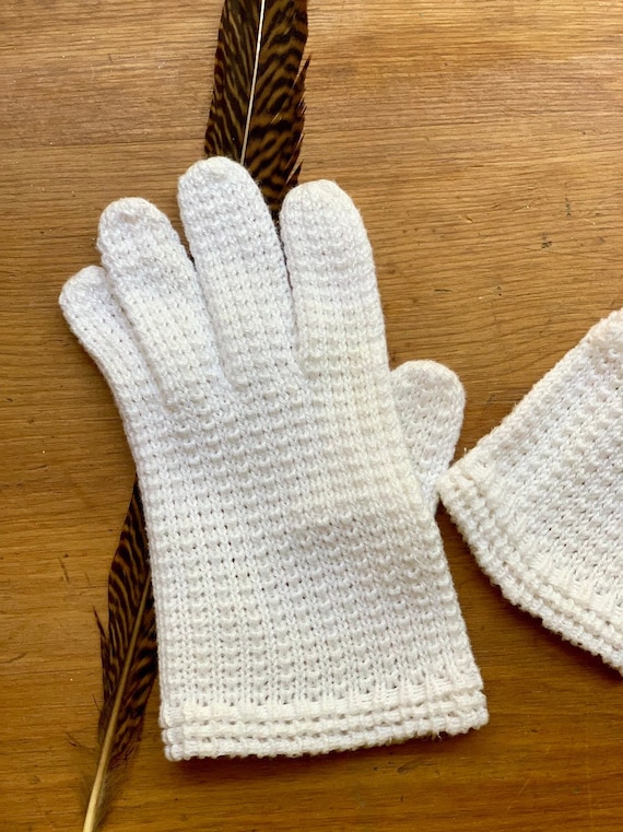 Vintage Crochet Gloves, White Cotton Knitted Glov… - image 2