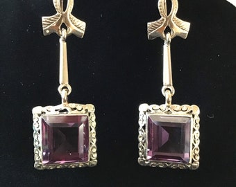 Stunning mid century 10k gold dangle earrings with synthetic Alexandrite. They are quite long and perfect for special occasions.
