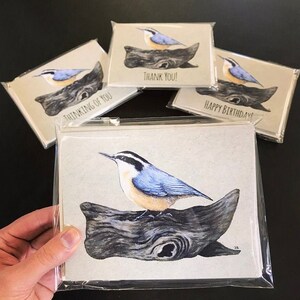 Nuthatch Notecards.  Available in Plain, Happy Birthday, Thank You, Thinking of You, or a Variety Pack.  Great for Bird Lovers! Pack of 5.