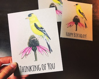 Goldfinch Notecards, Pack of 5.  Available in Plain, Happy Birthday, Thank You, Thinking of You, or a Variety Pack.  Great for Bird Lovers!