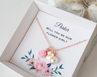 Flower girl proposal gift, personalized necklace, toddler flower girl jewelry, pink flower necklace, will you be my flower girl