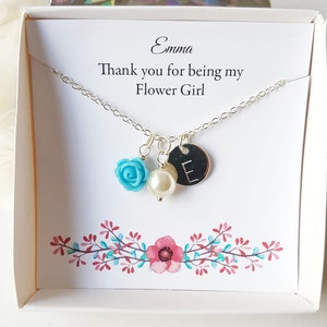 Collana blu da ragazza di fiori, collana personalizzata da ragazza di fiori, collana d'argento da ragazza di fiori, grazie per essere la mia carta da ragazza di fiori