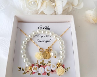 Ivory Perlen Blumenmädchen Schmuck Set - Armband und Initial Halskette Geschenk
