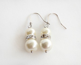 Pearl earrings, bridesmaid gift earrings, pearl earrings with crystal rondelles, wedding gifts, flower girl earrings