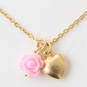 Toddler Girl Necklace, Gold Heart, Resin Rose, Flower Girl Gift