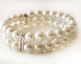 Pearl bracelet with crystal rondelles, 2 strand stretch pearl bracelet, bridesmaid gift, pearl cuff bracelet, wedding jewelry