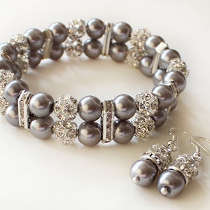 Gray Pearl Bracelet Earrings Set: Rhinestone Wedding Jewelry
