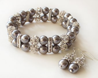 Gray Pearl Bracelet Earrings Set: Rhinestone Wedding Jewelry