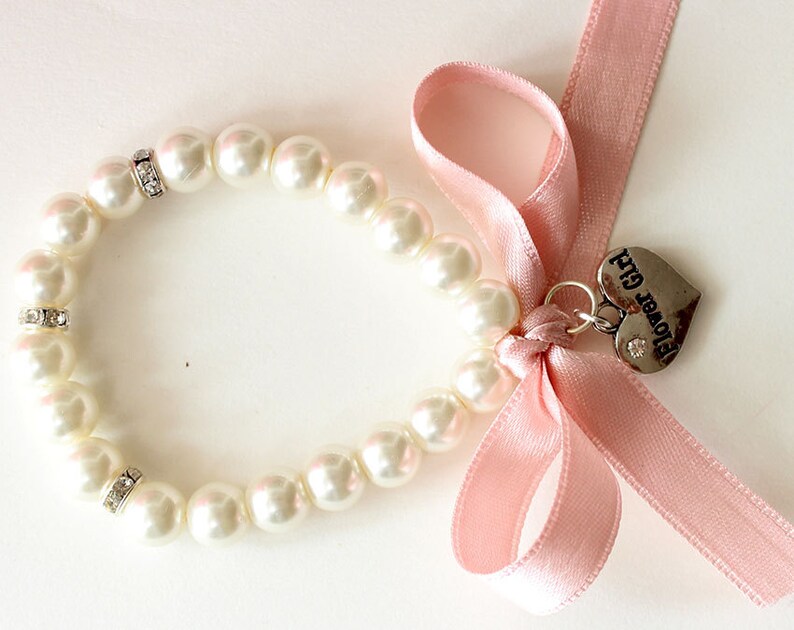 Flower girl pearl bracelet flower girl gift pink satin Etsy