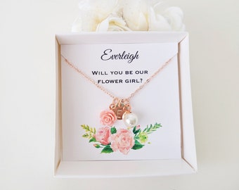 Flower girl personalized gift, will you be my flower girl, flower girl rose gold necklace, light coral flower necklace, gift box