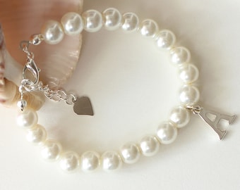 Personalized Flower Girl Pearl Bracelet, Initial Charm, Little Girl Gift