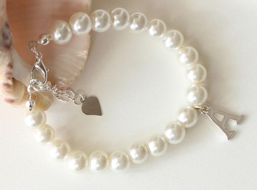 Flower girl pearl bracelet, personalized flower girl bracelet, jr bri…