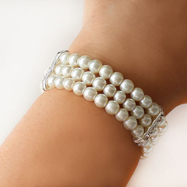 Three strand pearl bracelet, bridesmaid pearl bracelet gift, pearl cuff bracelet, wedding jewelry, triple strand pearl bracelet