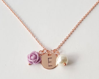 Flower girl necklace pearl, personalized flower girl necklace, initial necklace, flower girl proposal, lavender flower necklace