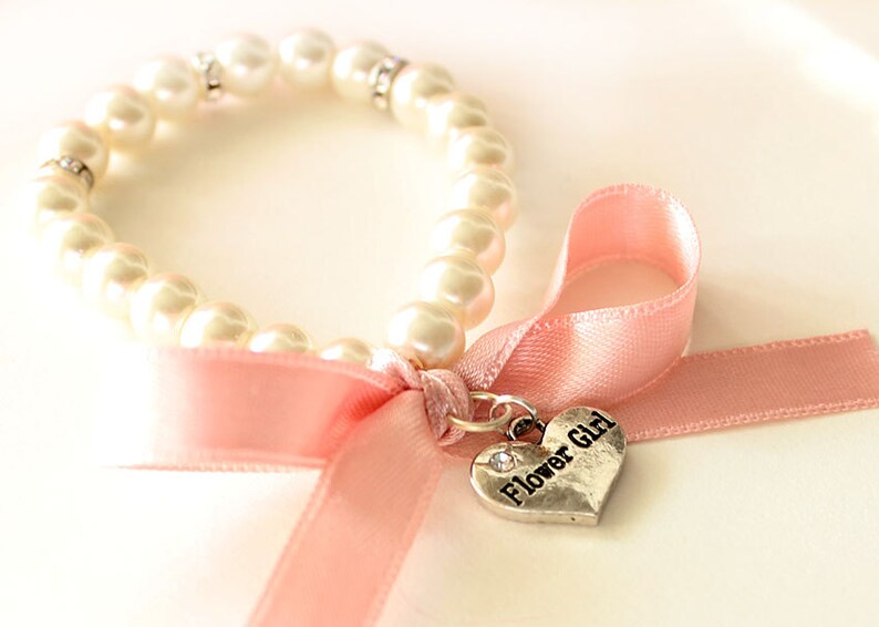 Flower girl pearl bracelet flower girl gift pink satin Etsy