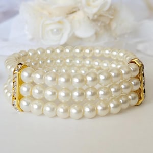 3 Row Pearl Bracelet: Gold Crystal Rondelle Bridal Cuff