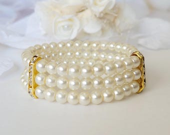 3 Row Pearl Bracelet: Gold Crystal Rondelle Bridal Cuff
