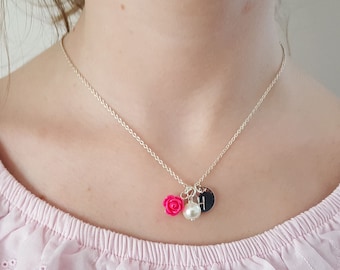 Necklace for girls, personalized flower girl necklace, flower girl gift, pink flower girl necklace, bridal party gift, thank you card