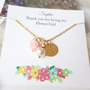 Flower Girl Gold Necklace, Personalized Kids Gift, Gold Initial, Pearl & Pink Rose