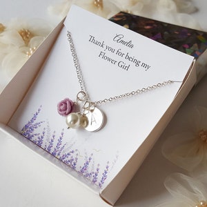 Lavender flower girl necklace, personalized flower girl gift, bridal party gift, thank you for being my flower girl card, wedding gift box