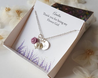 Lavendel Blumenmädchen Halskette, personalisierte Blumenmädchen Geschenk, Brautpartygeschenk, danke, dass Sie meine Blumenmädchen-Karte, Hochzeitsgeschenk-Box sind