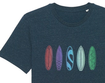 T-Shirt tavola da surf, blu screziato, t-shirt da surfista, camicia a maniche corte, t-shirt da uomo, serigrafia, surf, tavola da surf, surfista, spiaggia, abbigliamento