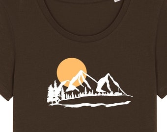 T-shirt "Mountain Air", brown, mountains, screen print, women, women's shirt with screen print, mountain landscape