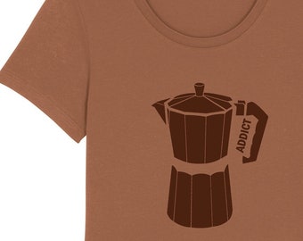 Camiseta cor café, marrom, Addict, camiseta estampada, serigrafia, feminina, camiseta feminina com estampa em serigrafia
