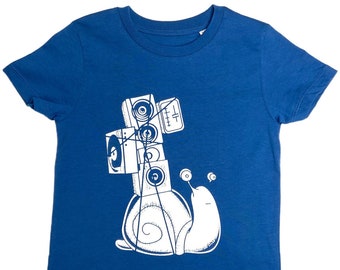 Camiseta infantil "Sound Snail" azul, camiseta estampada, camisa estampada, algodão orgânico, serigrafia, estampa