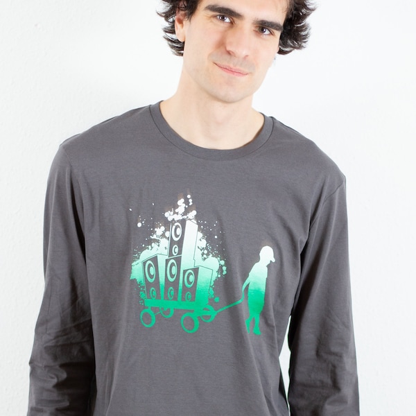 Long-sleeved shirt, "Boxenbernd", gray, printed, music, party, screen printing, sustainable