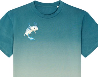 T-Shirt bedruckt, Axolotl, blauer Verlauf, nachhaltig, Biobaumwolle, Herren, Natur, Tiere