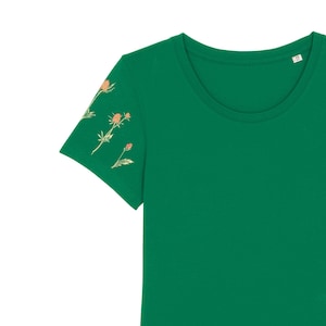 Women&#39;s shirt &quot;Thistle&quot; - printed sleeves - green, short sleeve shirt, thistle, women&#39;s shirt, floral, flower shirt, t-shirt, women, organic